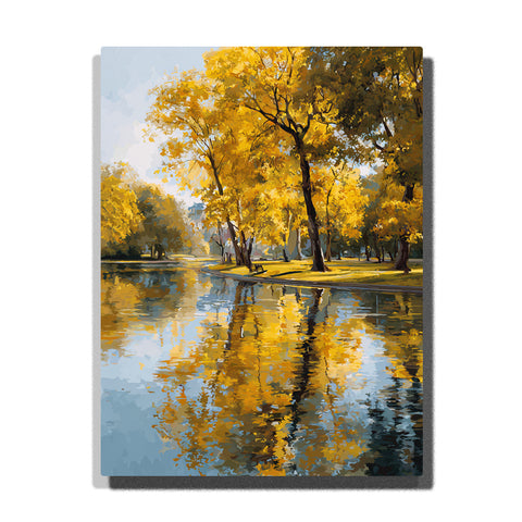 Golden riverside trees with mirror-like park reflections, autumn foliage, calm water, and sunlit branches, landscape paint by numbers wall art by PaintEasy
