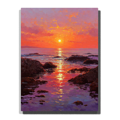 Fiery ocean sunset between dark rocky shores with glowing pink orange reflections across calm coastal water, landscape paint by numbers wall art by PaintEasy
