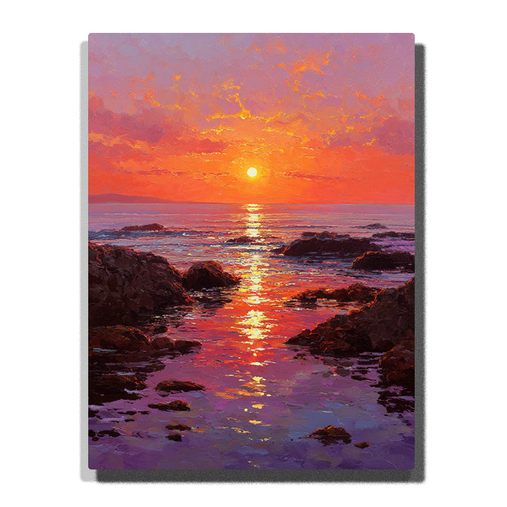 Fiery ocean sunset between dark rocky shores with glowing pink orange reflections across calm coastal water, landscape paint by numbers wall art by PaintEasy