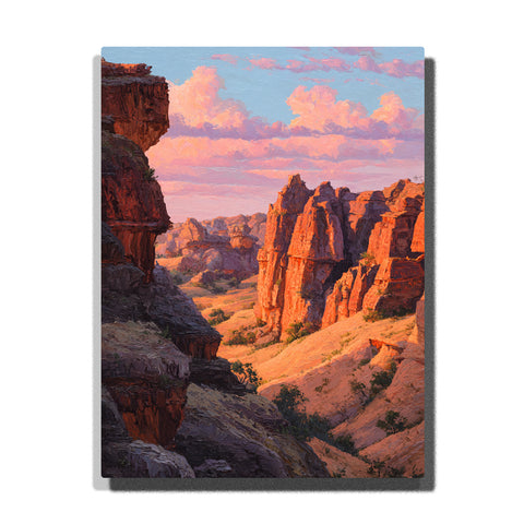 Rose cloud canyons above a sunlit desert valley with towering sandstone cliffs, warm rocky ledges, and a pink blue sky, landscape paint by numbers wall art by PaintEasy