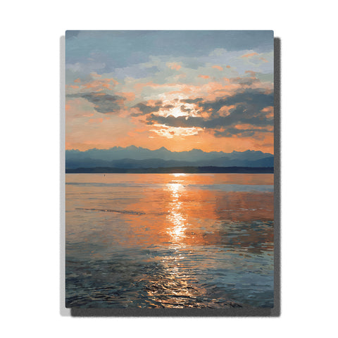 Golden water reflections beneath a cloud-broken evening sky with distant mountain silhouettes and a luminous sunset path across calm water, landscape paint by numbers wall art by PaintEasy