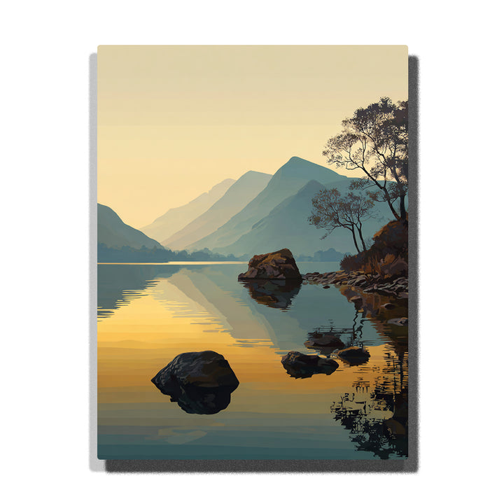 Still lake reflections beneath layered mountain silhouettes with shoreline rocks, sparse trees, and soft golden evening light, landscape paint by numbers wall art by PaintEasy