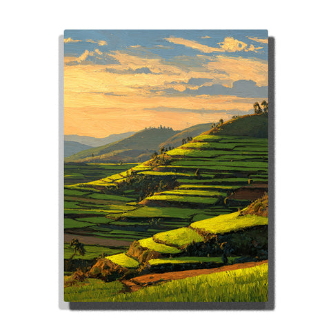 Sunlit terraced hills beneath a golden evening sky with layered green farmland, rolling mountain ridges, and warm countryside light, landscape paint by numbers wall art by PaintEasy