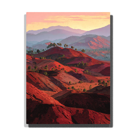 Crimson hills beneath layered lavender mountain ranges with scattered trees, sculpted red earth, and warm atmospheric landscape light, landscape paint by numbers wall art by PaintEasy