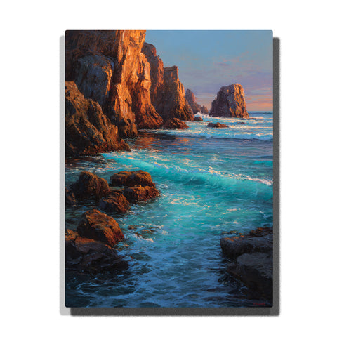 Sunlit coastal cliffs above bright turquoise waves with rocky shoreline, foaming surf, and warm ocean-side cliff light, landscape paint by numbers wall art by PaintEasy