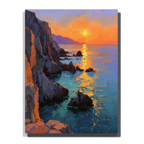 Sunlit coastal cliffs with golden sea reflections, turquoise water, dark shoreline rocks, and a glowing sunset horizon, landscape paint by numbers wall art by PaintEasy