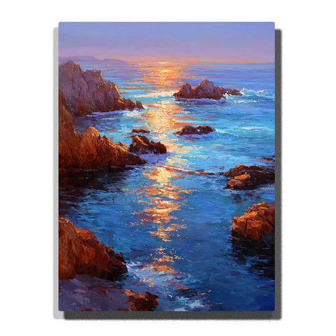 Golden sunset reflections between rocky ocean inlets with deep blue water, glowing sea light, and rugged coastal formations, landscape paint by numbers wall art by PaintEasy