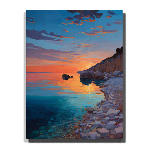 Rocky shore at sunset with calm blue reflections, pale coastal cliffs, and glowing orange pink water, landscape paint by numbers wall art by PaintEasy