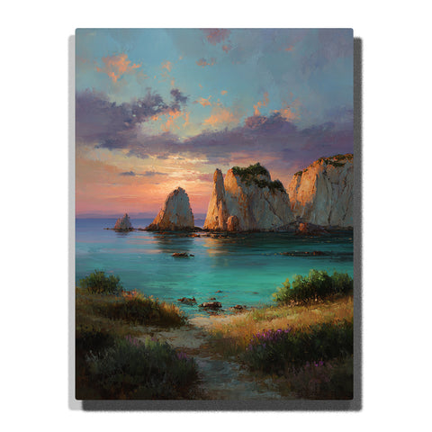 Sea stacks at sunset above turquoise coastal water with glowing cliffs, soft clouds, and grassy foreground, landscape paint by numbers wall art by PaintEasy