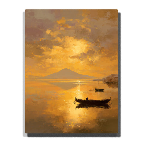 Golden harbor sunset with two boats, calm reflective water, and a distant mountain silhouette, landscape paint by numbers wall art by PaintEasy