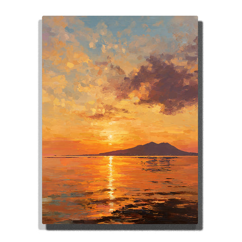 Orange sunset over still sea with a dark island horizon, glowing water reflections, and warm layered clouds, landscape paint by numbers wall art by PaintEasy