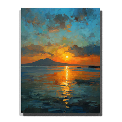 Golden sunset over calm sea with a distant mountain shore, glowing reflections, and layered blue clouds, landscape paint by numbers wall art by PaintEasy