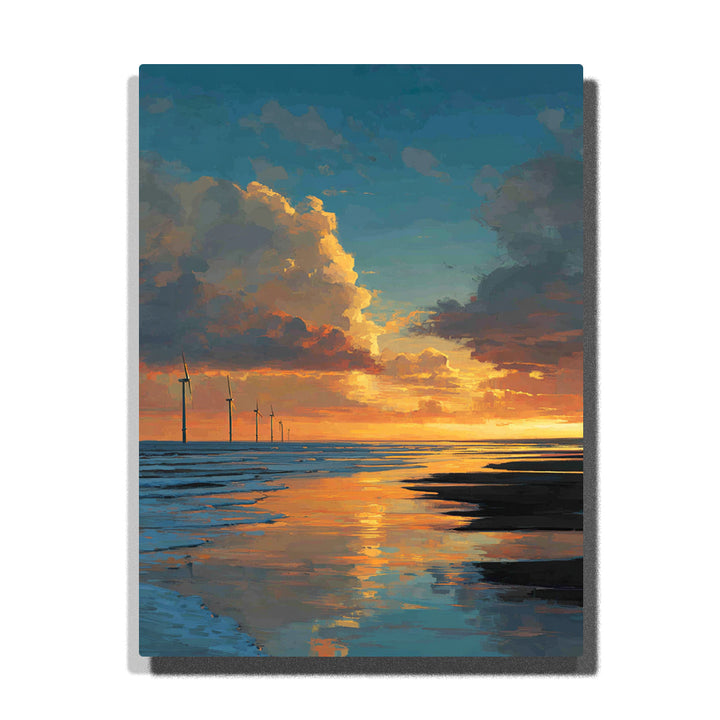 Coastal wind turbines beside a golden sunset shore with reflective wet sand, rolling waves, and dramatic glowing clouds, landscape paint by numbers wall art by PaintEasy