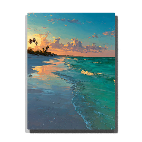 Turquoise shore waves beneath a peach sunset sky with reflective wet sand, tropical palms, and glowing coastal evening light, landscape paint by numbers wall art by PaintEasy