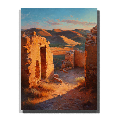 Sunlit stone ruins opening toward golden hills with warm earth tones, dry grasses, and a pale blue sky, landscape paint by numbers wall art by PaintEasy