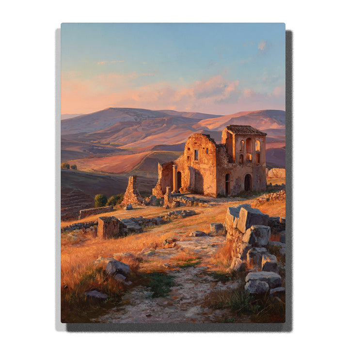 Sunlit hilltop ruins with warm stone walls, dry grasses, and rolling golden mountains, landscape paint by numbers wall art by PaintEasy