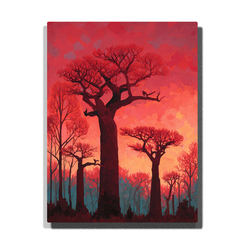 Crimson baobab forest beneath a glowing sunset sky with towering tree silhouettes, vivid red orange light, and dramatic landscape atmosphere, landscape paint by numbers wall art by PaintEasy