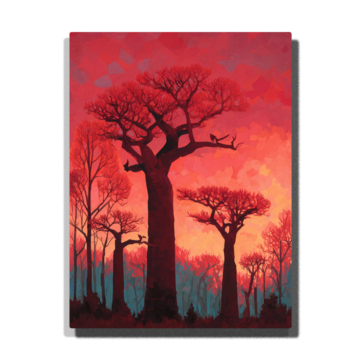 Crimson baobab forest beneath a glowing sunset sky with towering tree silhouettes, vivid red orange light, and dramatic landscape atmosphere, landscape paint by numbers wall art by PaintEasy