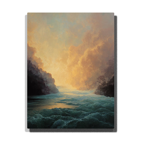 Luminous ocean passage beneath towering golden clouds with foaming blue-green water, dark coastal silhouettes, and radiant atmospheric light, landscape paint by numbers wall art by PaintEasy