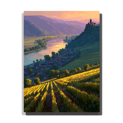 Golden vineyard rows above a river valley castle with hillside village, glowing water, and warm evening countryside light, landscape paint by numbers wall art by PaintEasy