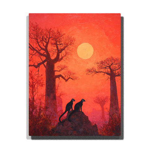 Black panthers beneath a crimson moonlit baobab sky with glowing red landscape, silhouetted trees, and dramatic wilderness atmosphere, landscape paint by numbers wall art by PaintEasy