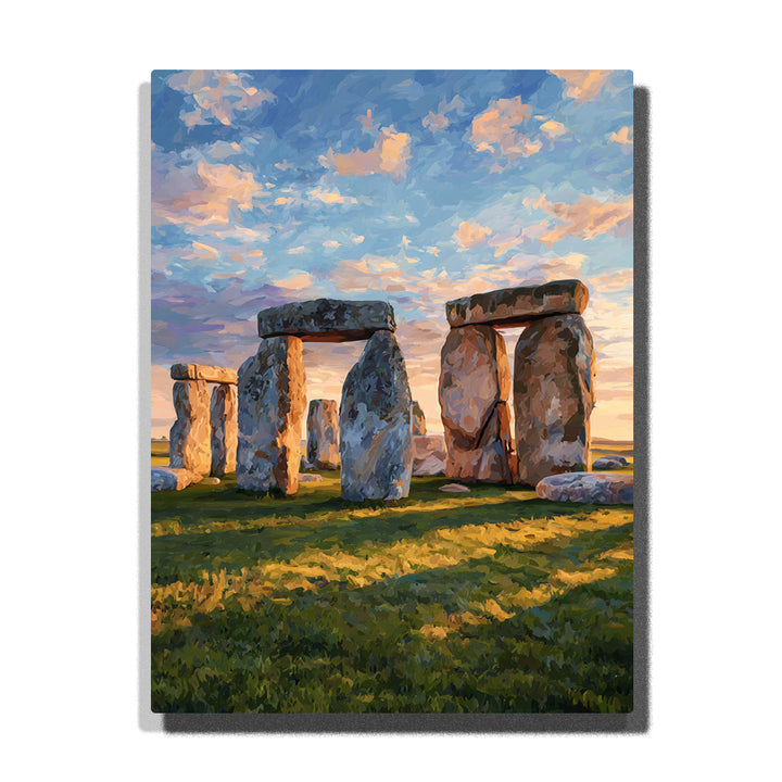 Sunlit Stonehenge beneath a pastel evening sky with ancient standing stones, green field, and soft clouds, landscape paint by numbers wall art by PaintEasy