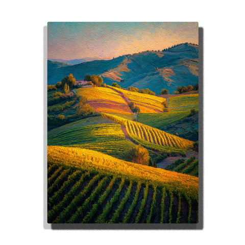 Golden vineyard hills beneath a soft evening sky with terraced field rows, rolling green slopes, and warm countryside light, landscape paint by numbers wall art by PaintEasy