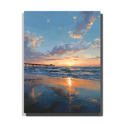 Ocean sunset reflections beside a distant pier with rolling waves, wet sand, glowing horizon, and blue peach clouds, landscape paint by numbers wall art by PaintEasy