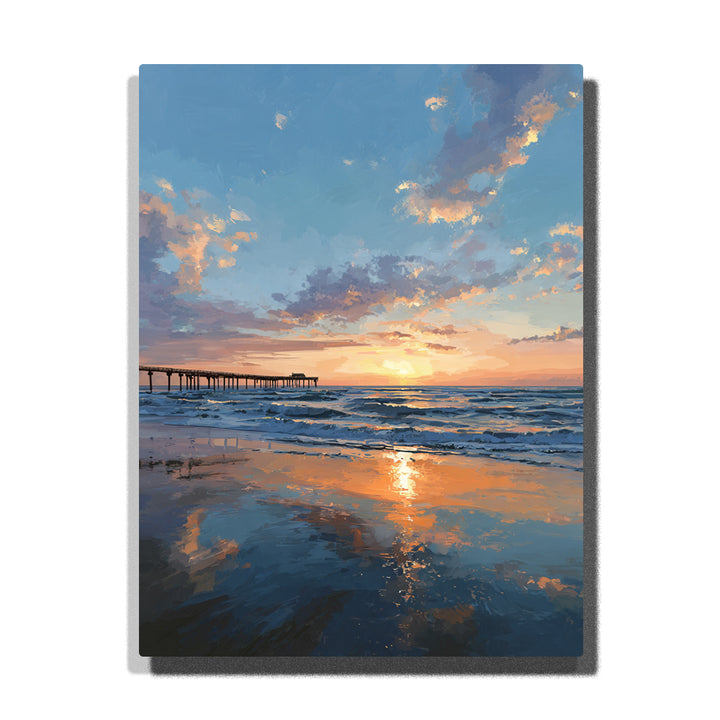 Ocean sunset reflections beside a distant pier with rolling waves, wet sand, glowing horizon, and blue peach clouds, landscape paint by numbers wall art by PaintEasy