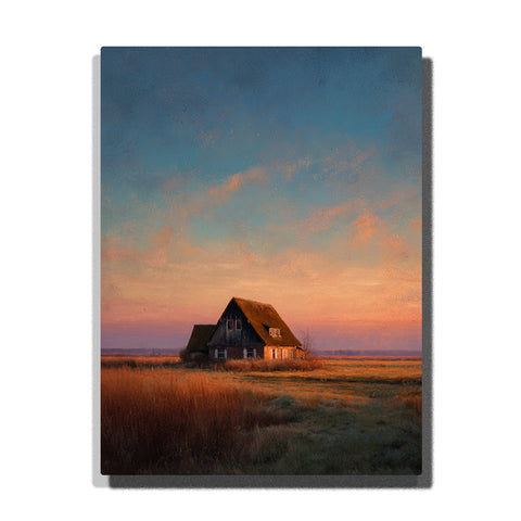 Solitary marsh cottage beneath a peach blue twilight sky with open grassland, warm-lit windows, and quiet evening horizon, landscape paint by numbers wall art by PaintEasy