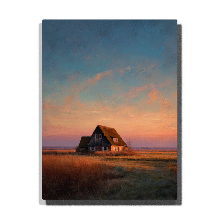 Solitary marsh cottage beneath a peach blue twilight sky with open grassland, warm-lit windows, and quiet evening horizon, landscape paint by numbers wall art by PaintEasy