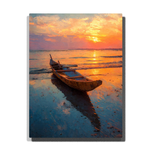 Wooden shore boat beneath a glowing sunset tide with reflective wet sand, warm orange sky, gentle waves, and coastal evening light, landscape paint by numbers wall art by PaintEasy