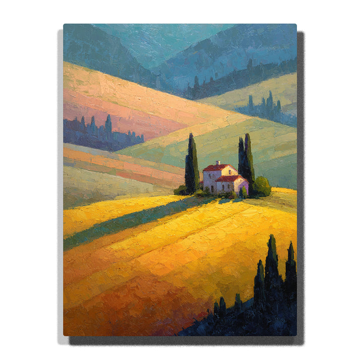 Sunlit rolling fields with cypress trees and a quiet farmhouse on golden hills, landscape paint by numbers wall art by PaintEasy