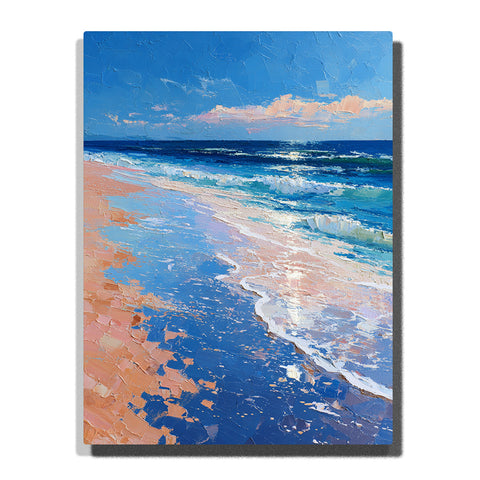 Foaming blue surf across a sunlit pink sand beach with bright ocean waves and a clear sky, landscape paint by numbers wall art by PaintEasy
