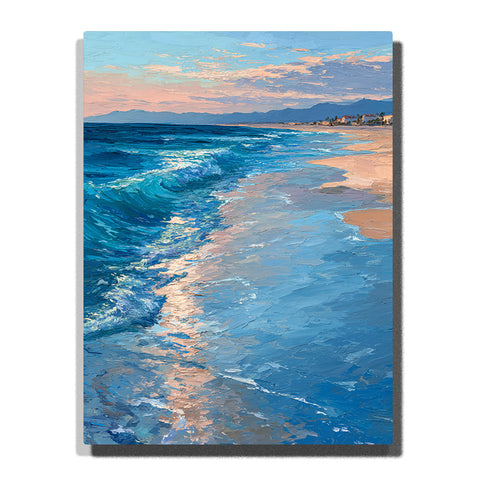 Blue ocean waves along a reflective sandy shoreline with a soft pink sky and distant coast, landscape paint by numbers wall art by PaintEasy