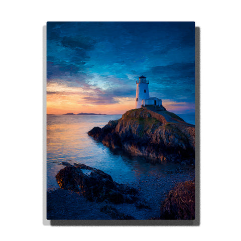 White lighthouse above a blue twilight shore with rocky coastline, calm sea reflections, and a glowing sunset horizon, landscape paint by numbers wall art by PaintEasy