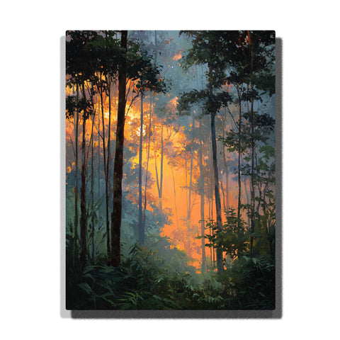 Golden forest light through misty jungle trees with layered green foliage, tall trunks, and glowing woodland depth, landscape paint by numbers wall art by PaintEasy