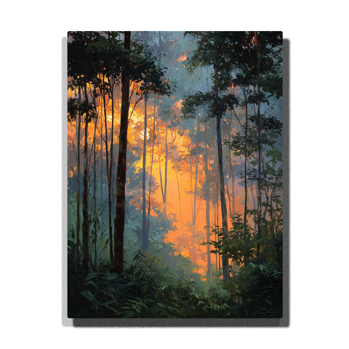Golden forest light through misty jungle trees with layered green foliage, tall trunks, and glowing woodland depth, landscape paint by numbers wall art by PaintEasy