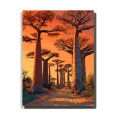 Sunlit baobab avenue beneath a burning orange sky with towering tree trunks, desert road perspective, and glowing wilderness light, landscape paint by numbers wall art by PaintEasy