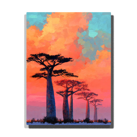 Pastel baobab silhouettes beneath a coral blue sunset sky with stylized tree forms, soft horizon haze, and glowing wilderness color, landscape paint by numbers wall art by PaintEasy