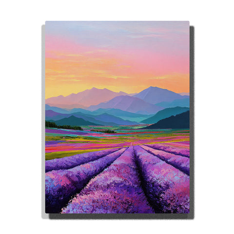 Lavender field path with purple flowers, layered mountains, pastel sunset sky and colorful countryside landscape Paint by Numbers by PaintEasy
