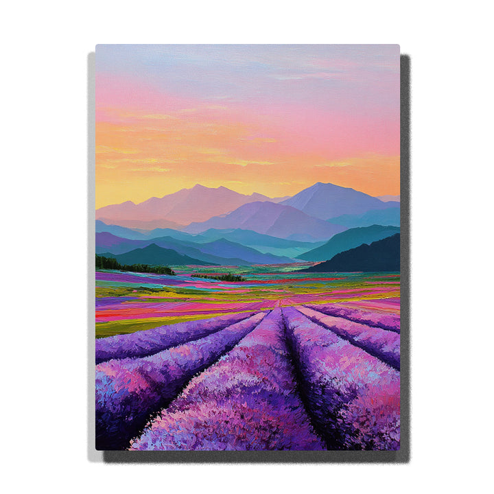 Lavender field path with purple flowers, layered mountains, pastel sunset sky and colorful countryside landscape Paint by Numbers by PaintEasy