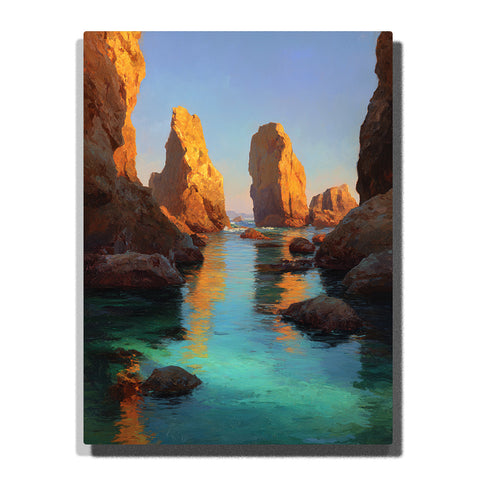 Golden coastal monoliths along a narrow turquoise channel with rocky cliffs, glowing reflections, and sea stacks under a clear blue sky, landscape paint by numbers wall art by PaintEasy