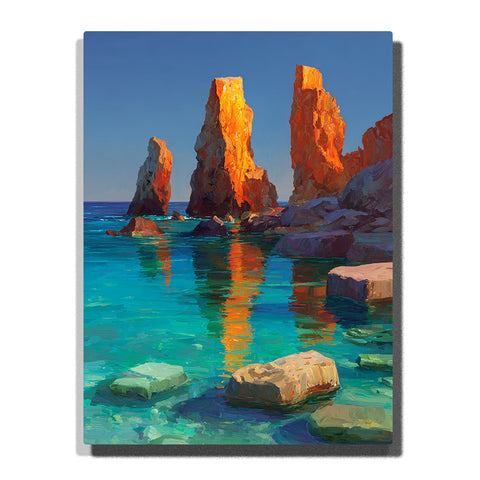 Sunlit sea stacks above clear turquoise water with rocky shore stones, glowing reflections, and a bright blue sky, landscape paint by numbers wall art by PaintEasy