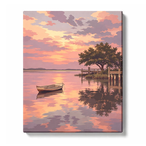 Solitary Rowboat on a Rose-Toned Evening Bay