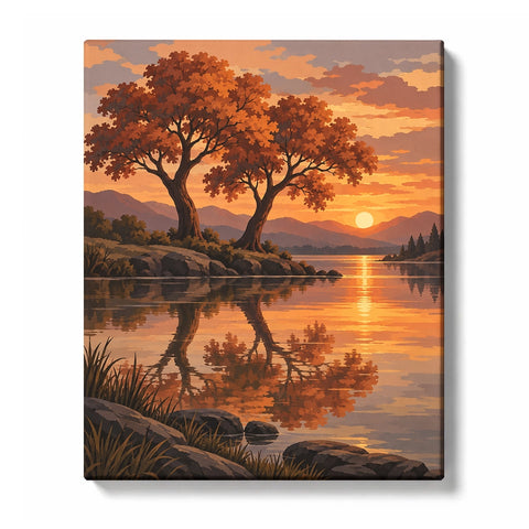 Twin Trees and Copper Sunset Reflections