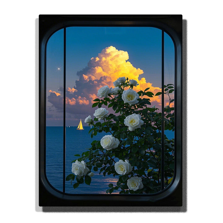 Paint by numbers kit featuring white roses framed by window with sailing boat and sunset over the sea