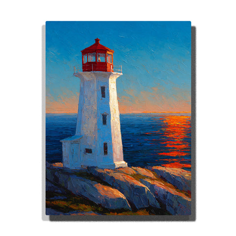 White lighthouse with red lantern room beside blue sea, orange sunset reflection, rocky shore, and coastal paint by numbers landscape wall art.