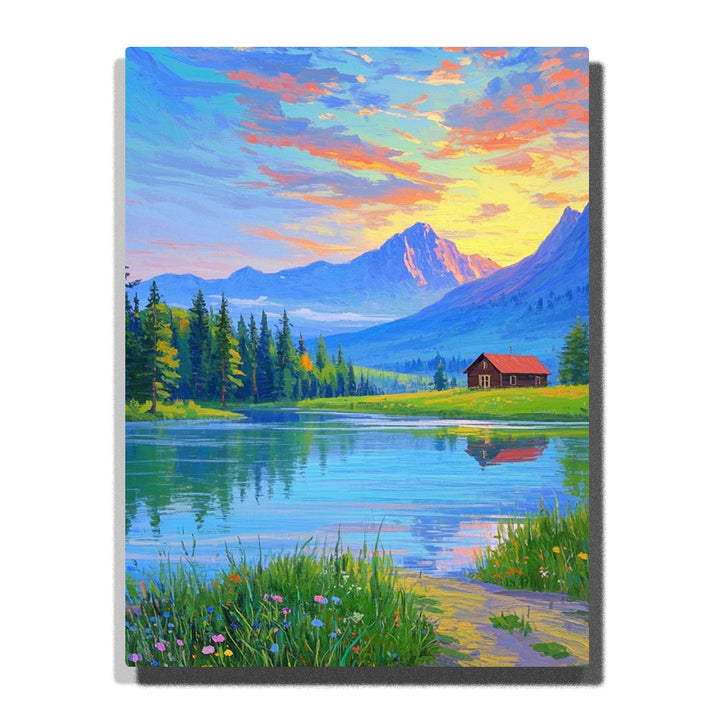 Paint by numbers kit featuring sunset mountain reflection over a calm lake with rustic cabin and wildflowers