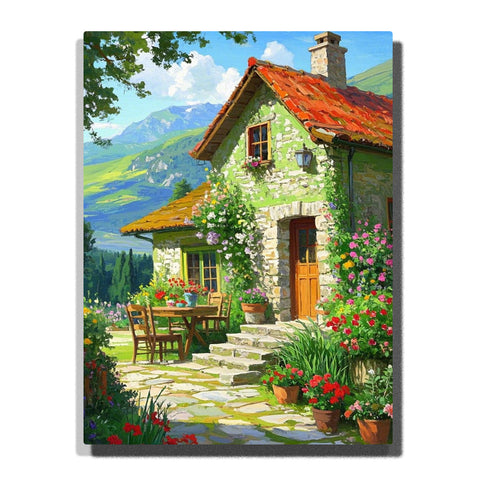 Paint by numbers kit featuring charming country house with red roof, flower garden pathway, and rolling hills